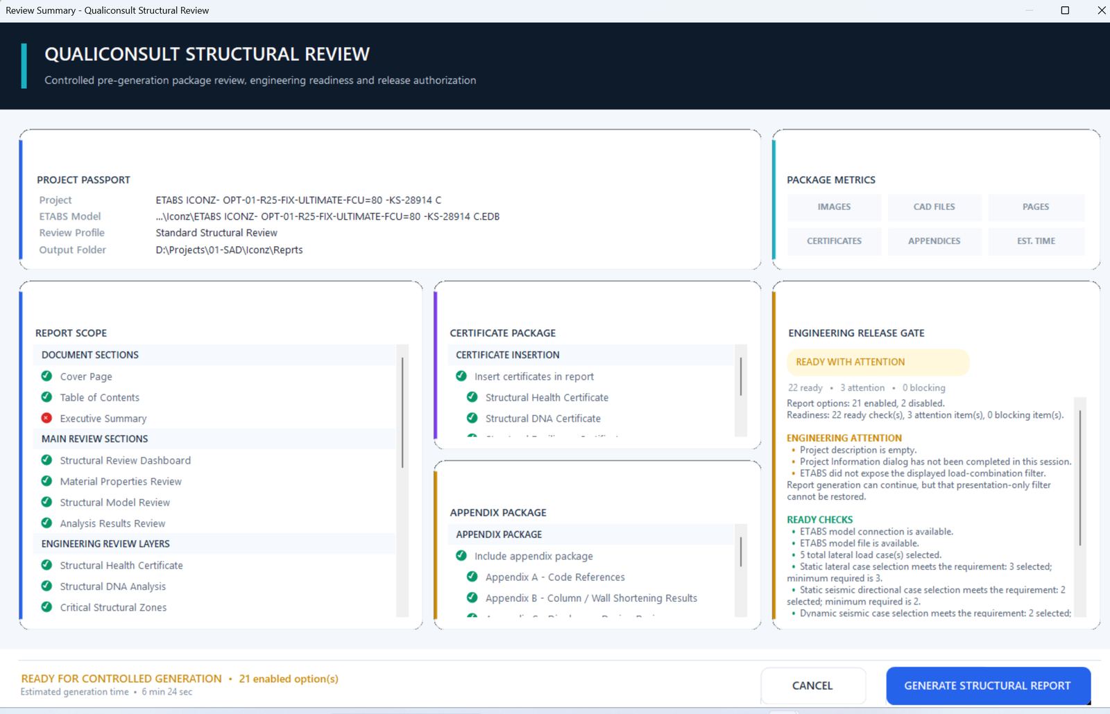 Report readiness checks and attention items